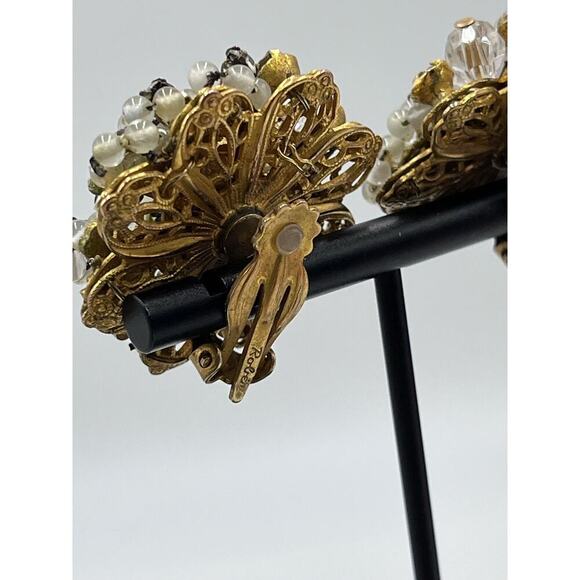 Robert Vintage Rhinestone Faux Pearl Layered Filigree Cluster Clip On Earrings - Picture 9 of 16